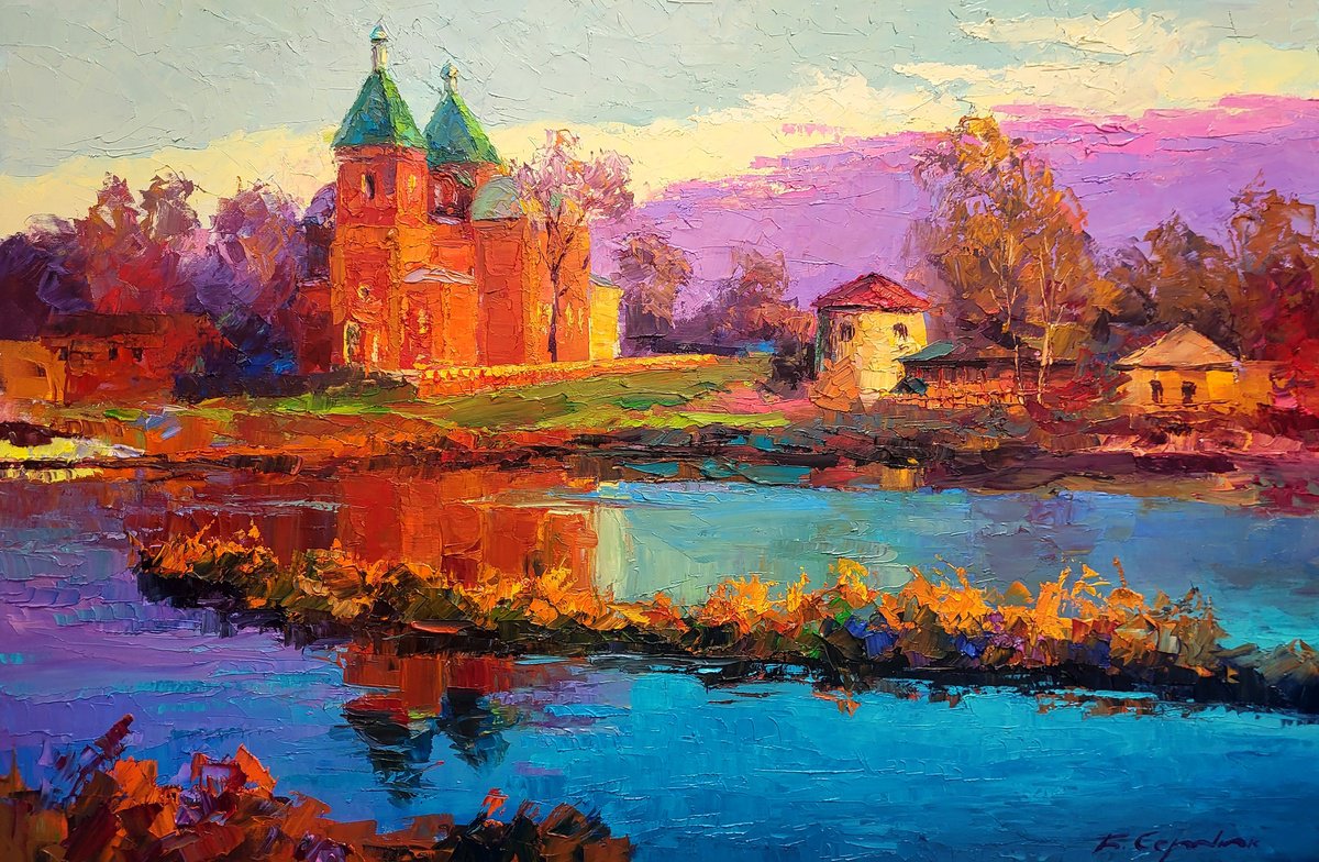 Impressionistic Landscape Oil Painting By Boris Serdyuk, 35 X 22, Evening Near The Church, Original Artwork