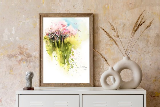 Spring Landscape with Pink Tree and Green Grass Watercolor Painting