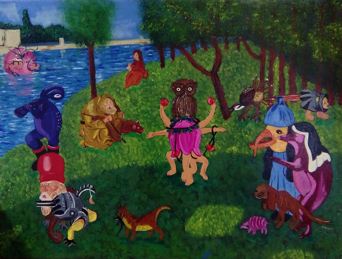 Surrealistic Animal Oil Painting By Corinne Hamer, 32 X 24, Sunday Afternoon, Original Artwork