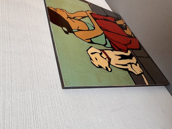 Dog and Woman in Red Skirt Small Painting