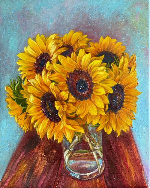Sunflowers on a turquoise background by Elena