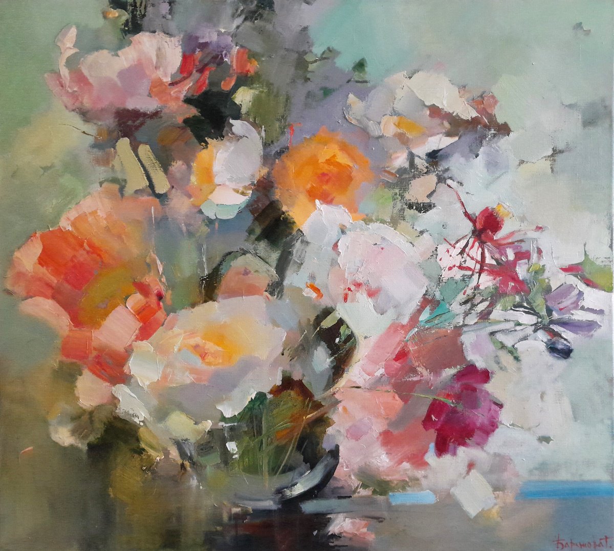 Impressionistic Botanical Oil Painting By Tatyana Barinova, 31 X 28", Married For The Third Day, Original Artwork