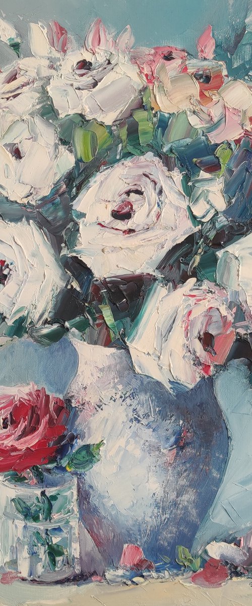 White roses (50x60cm, oil painting,  ready to hang) by Hayk Miqayelyan