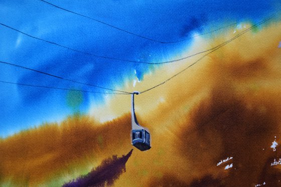 Mountain cable car watercolor painting, volcano landscape original artwork