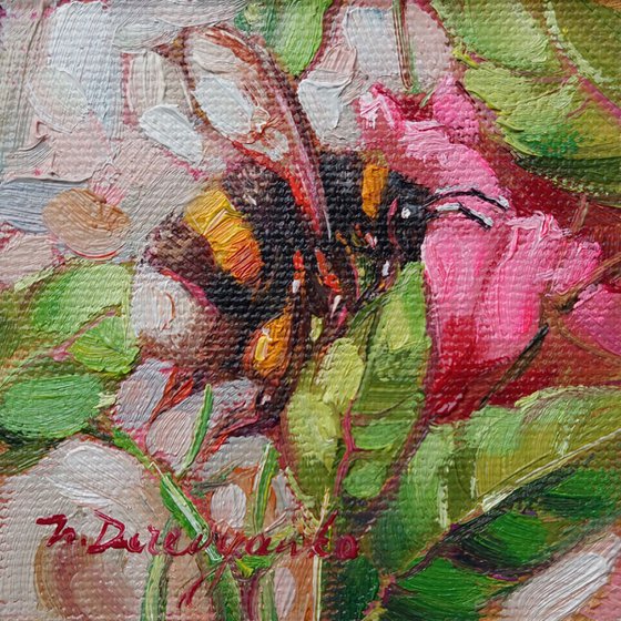 Bumblebee art oil painting original 3x3, Bee artwork green pink in gold frame, Honey bee wall art tiny, Dad gift