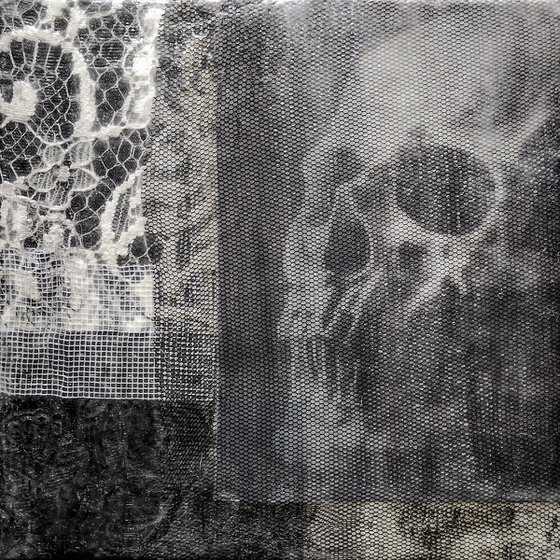 Layered Skull - ORIGINAL 6" x 6" Gothic Collage Art by Roseanne Jones