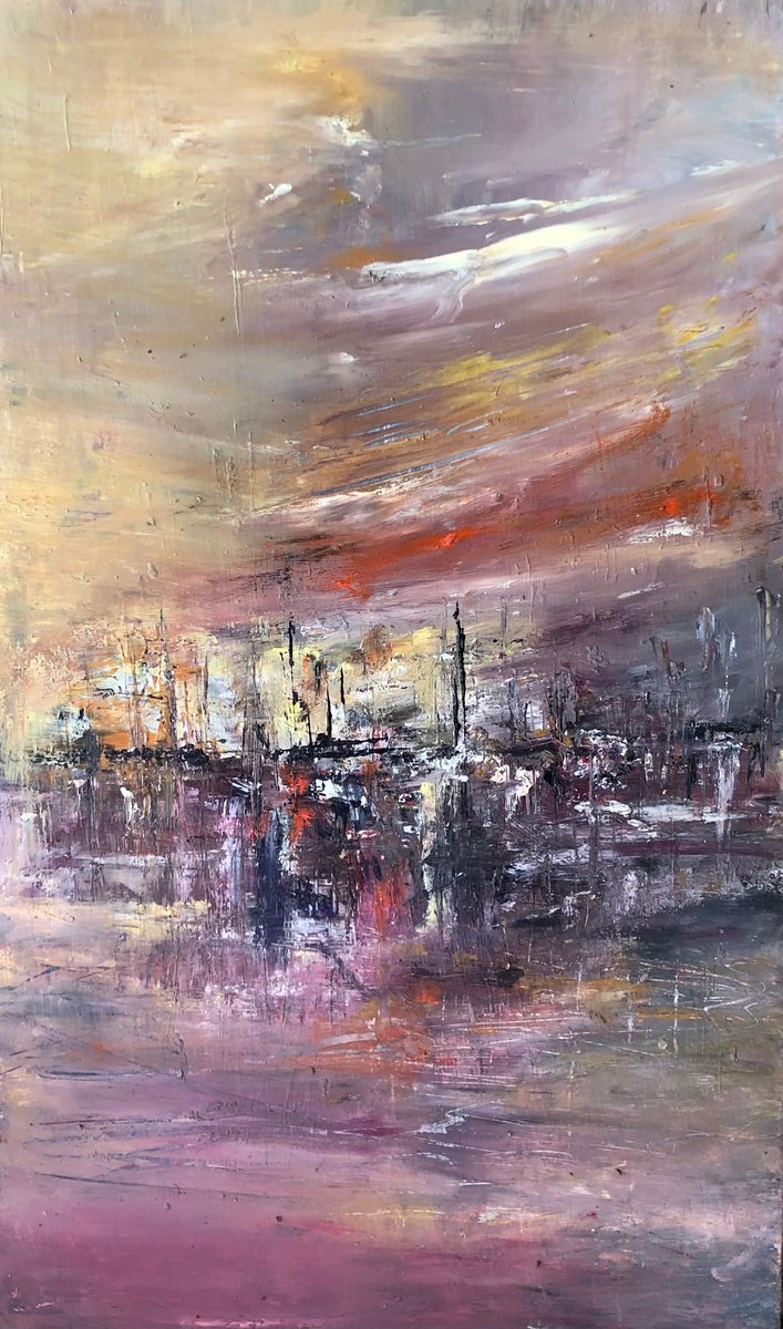 Expressive Landscape Oil Painting By Snezana Djordjevic, 12 X 20", Harbour Of Love 13, Original Artwork