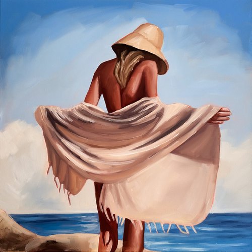 Girl with Beige Towel - Woman on Beach Painting by Daria Gerasimova