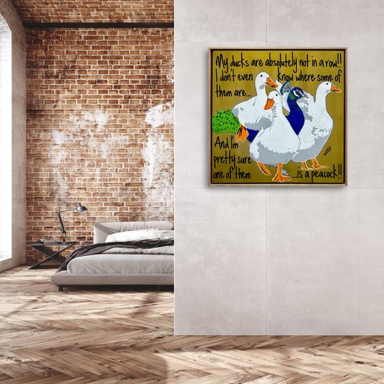 Ducks in a Row Gold Peacock Framed