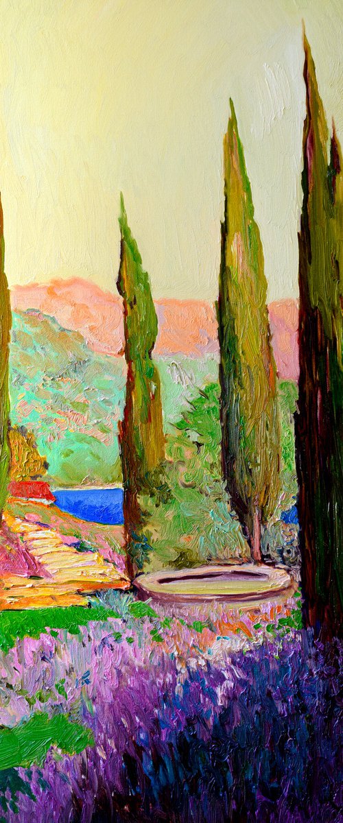 Mediterranean Landscape, Cypresses and Lavender Flowers by Suren Nersisyan