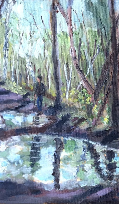 Puddles on the path An original plein air oil painting by Julian Lovegrove Art