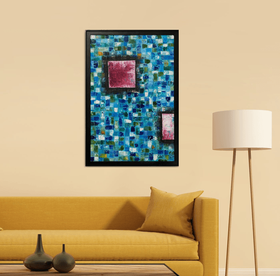 "Mosaic Squared" - Original Highly Textured PMS Abstract Oil Painting On Wood, Framed - 26" x 38"