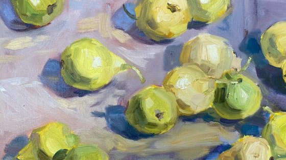 Yellow pears on violett