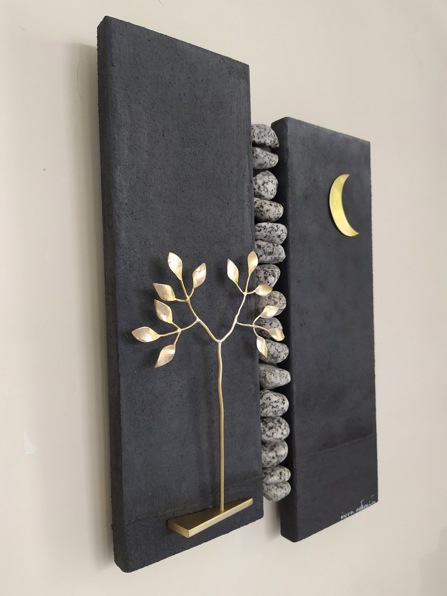 Impressionistic Landscape Sculpture By Anna Andreadi, 9 X 13, The Tree And The Moon, Original Artwork