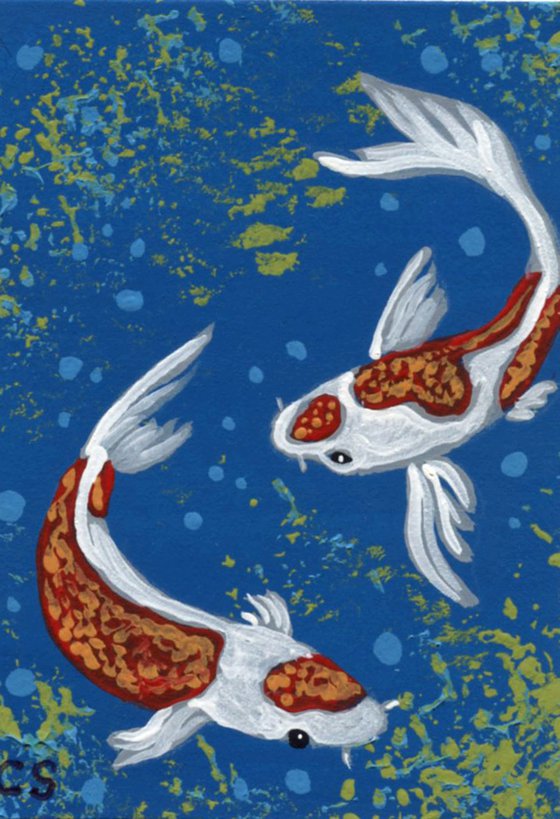 ACEO ATC Original Miniature Painting White Orange Koi Goldfish Pond Art-Carla Smale