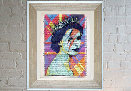 Queen Elizabeth II - Ziggy Stardust Makeup - Pop Art Collage Art on Large Real English Dictionary Vintage Book Page