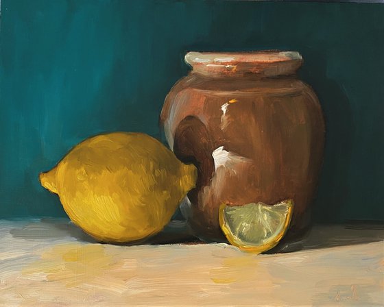 Lemons and Ceramic Pot Still Life