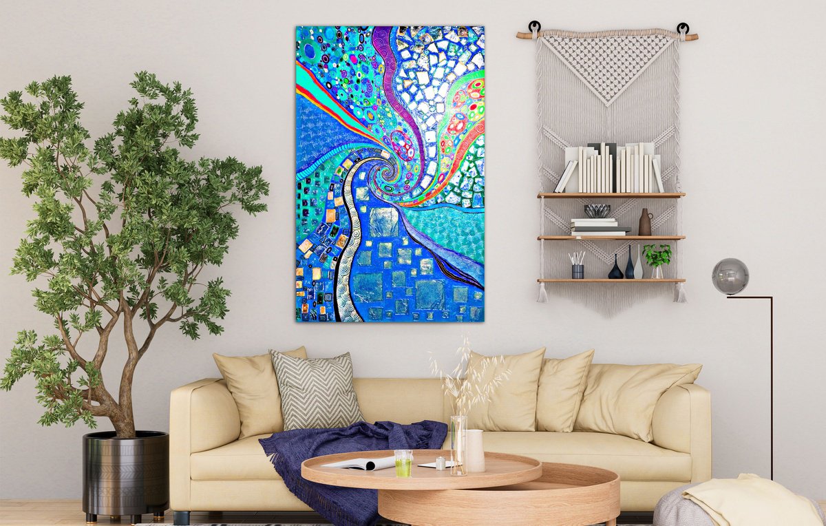 Large turquoise blue abstract painting. Vivid spiral abstract sea \ ocean wave. by BAST
