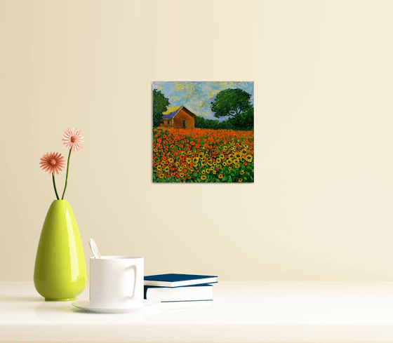 House in flower field ! Miniature Painting!!  Ready to hang