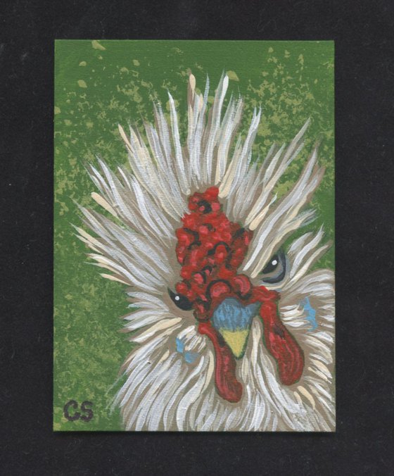 ACEO ATC Original Miniature Painting Fancy Chicken Bird Farmyard Art-Carla Smale