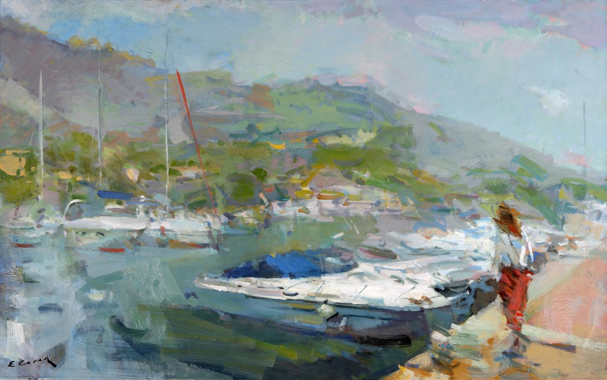 Expressive Landscape Oil Painting By Eugene Segal, 48 X 30, Croatia Yachts , Original Artwork