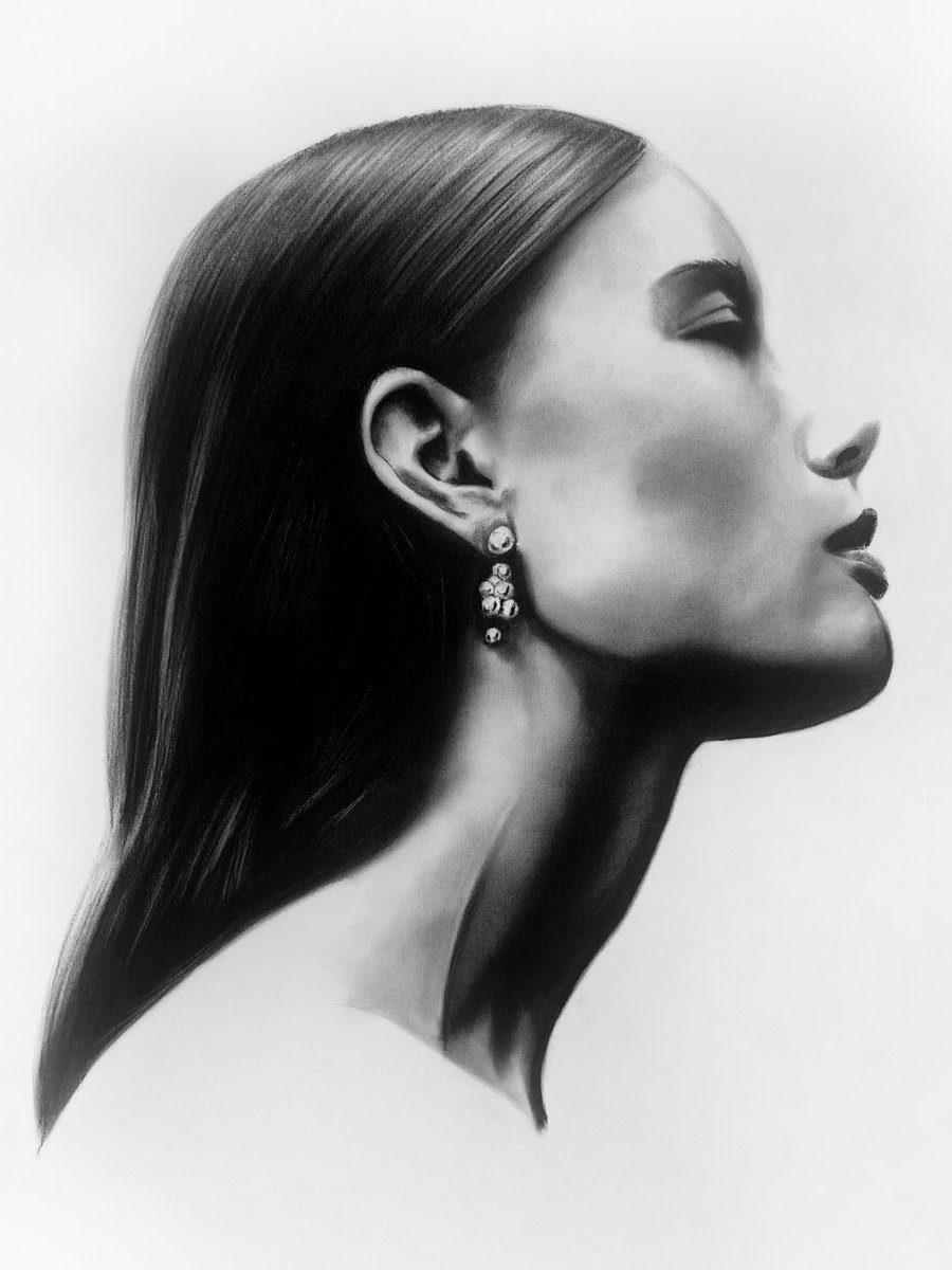 Photorealistic Portrait Charcoal Drawing By Denny Stoekenbroek, 20 X 26, The Girl With Pearls, Original Artwork