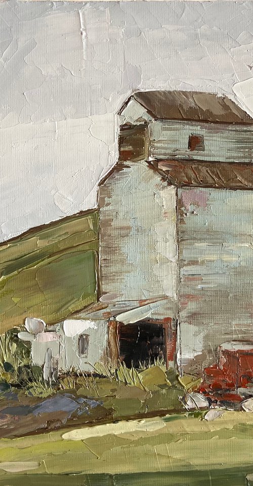 Abstract landscape Montana Grain elevator Original Oil Painting 22x28cm 8.5x11inch by Leysan Khasanova