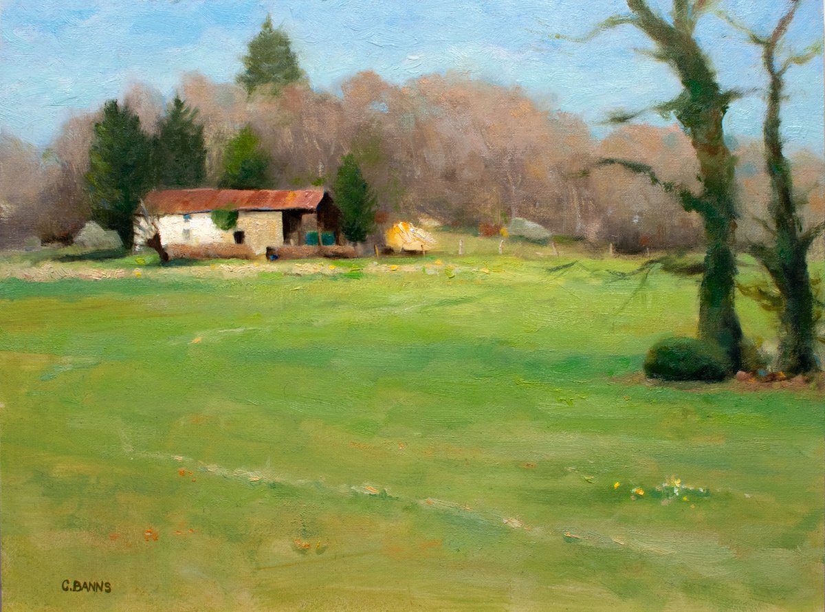 Impressionistic Landscape Oil Painting By Gav Banns, 16 X 12, Rural Barn In French Countryside On A Sunny Winter