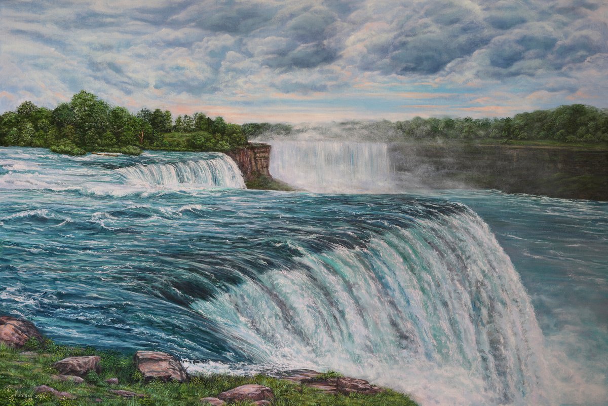 Photorealistic Landscape Oil Painting By Olena Nabilsky, 36 X 24", Niagara, Original Artwork