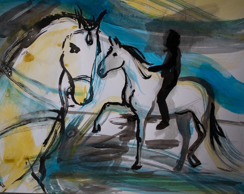 Dynamic horse sketch, horses at sunny beach by René Goorman