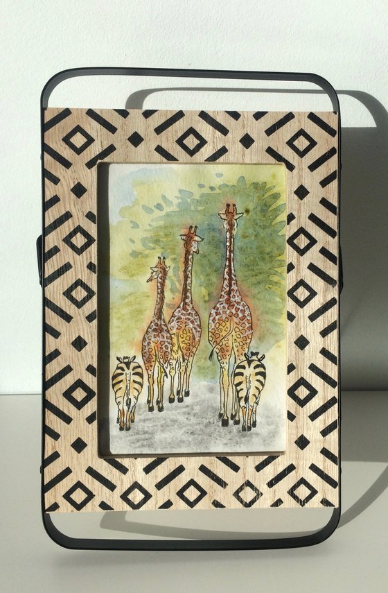 Animal drawing - Giraffes mixed media watercolor - Framed small artwork - Gift idea (2021)