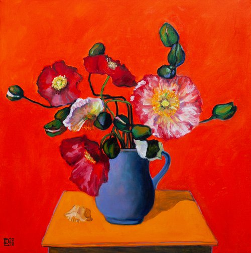 Poppies In A Blue Vase by Liudmila Pisliakova