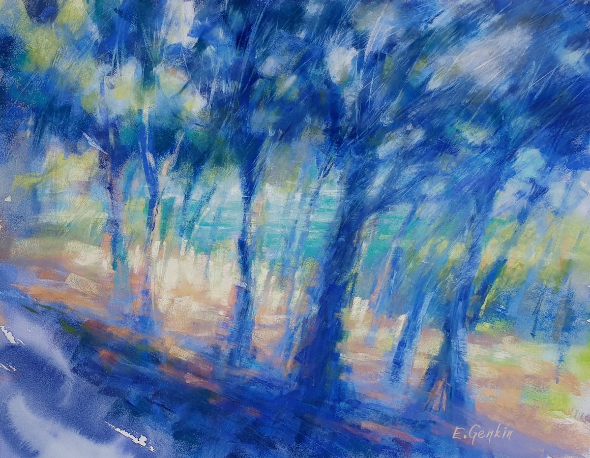Impressionistic Landscape Watercolour By Elena Genkin, 18 X 14, Sea Through The Trees, Original Artwork