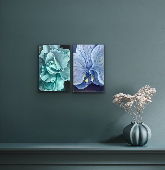 Set of 2 Blue Orchid and Turquoise Rose flower painting, Birthday gift for women