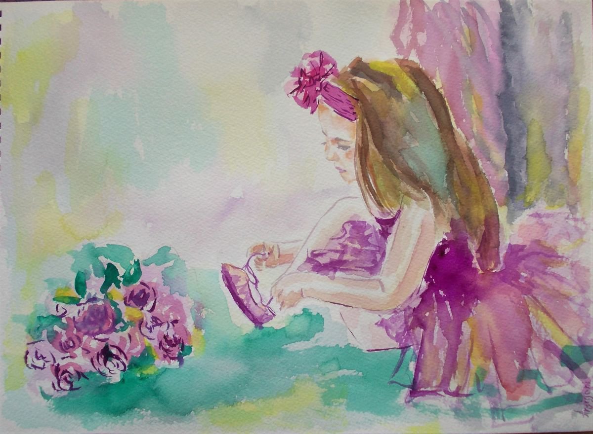 Little Ballerina 1-Original watercolor painting by Antigoni Tziora