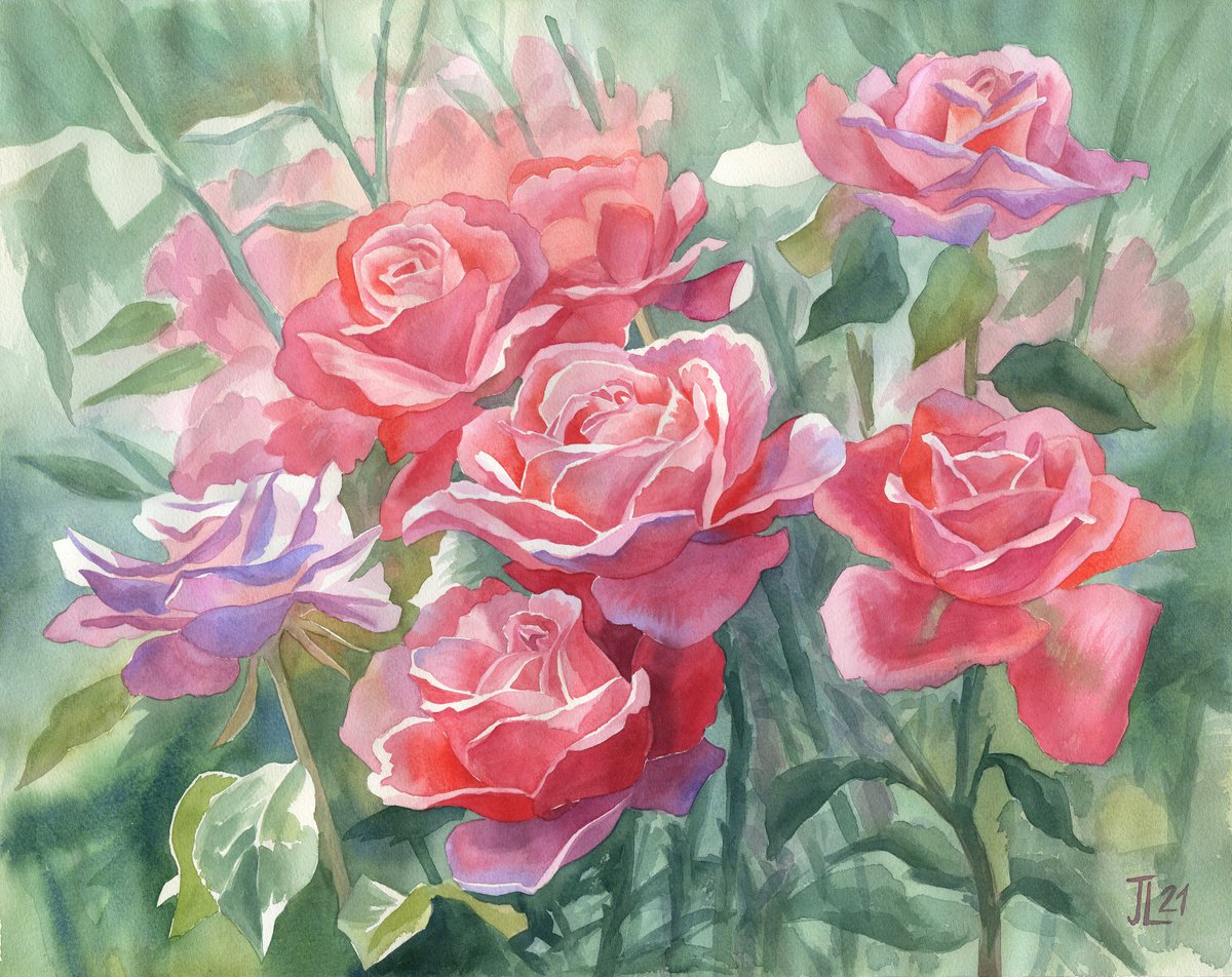 Falling in Love (2) Watercolor Roses Bloom by Julia Logunova