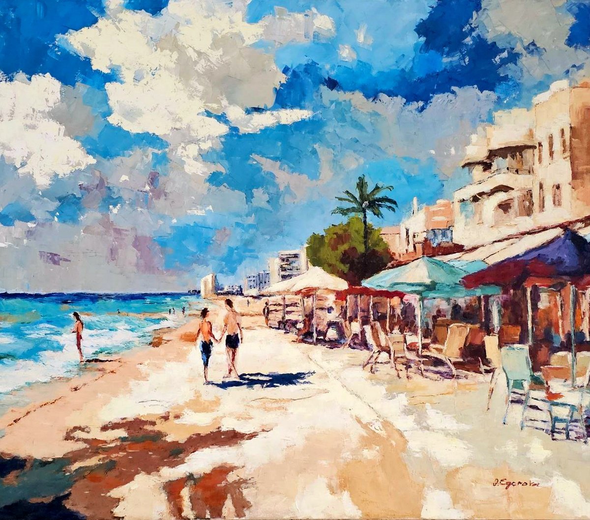 Impressionistic Landscape Oil Painting By Olga Egorov, 31 X 28", Morning On The Coast, Original Artwork