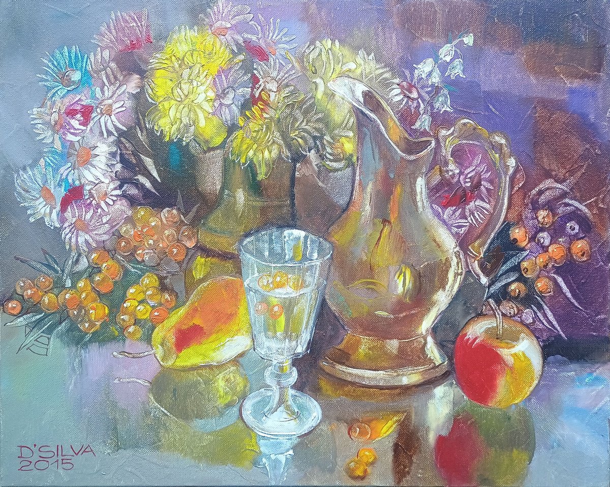 Photorealistic Still Life Oil Painting By Silvija Drebickaite, 20 X 16", Still-Life With Sea Buckthorn, Original Artwork