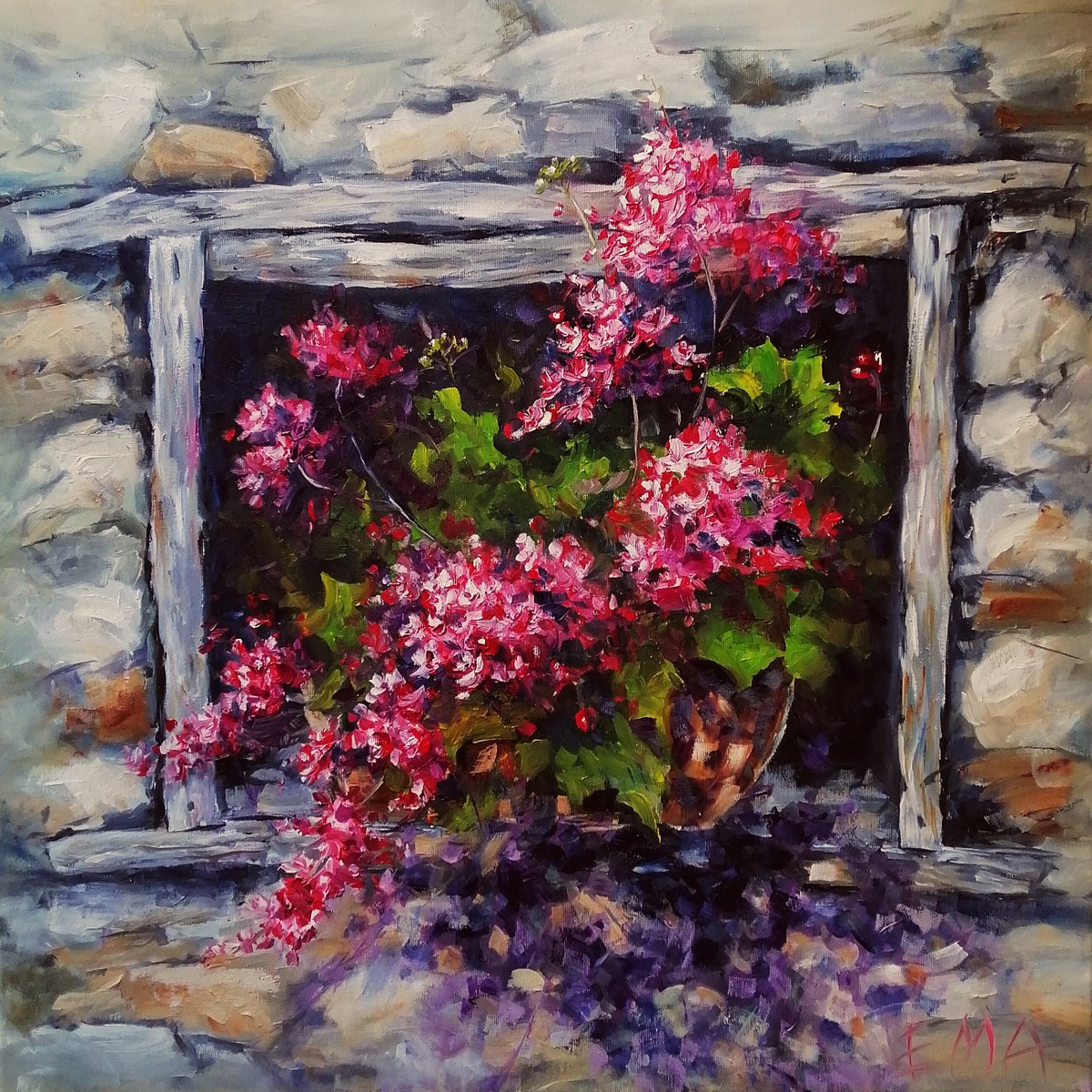 COUNTRY LIFE II , 70x70cm, red flowers in a pot by Emilia Milcheva