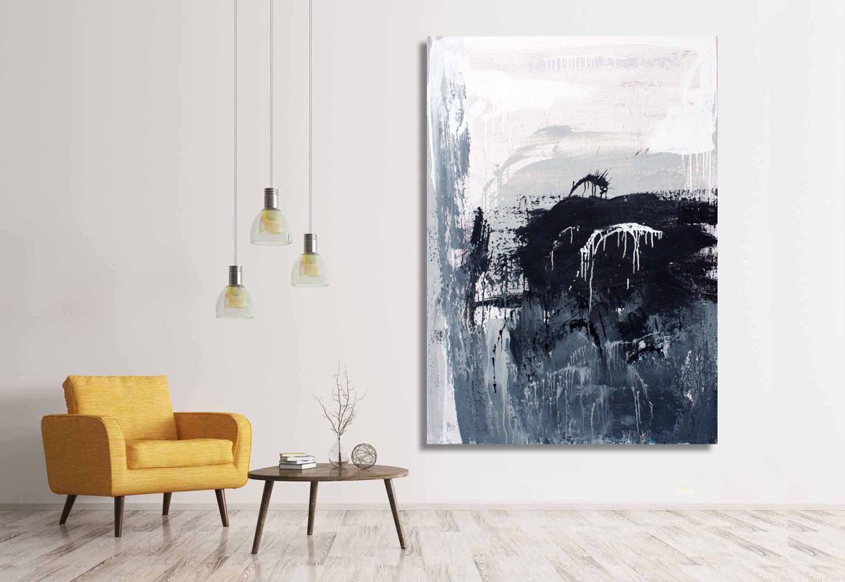 Abstract Acrylic Painting By Veljko Martinovic, 39 X 55", Large Painting -Black And White Abstract 01, Original Artwork