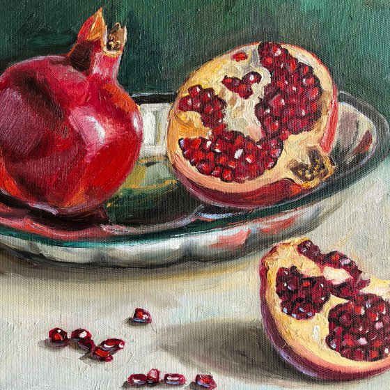 Pomegranates on metal tray