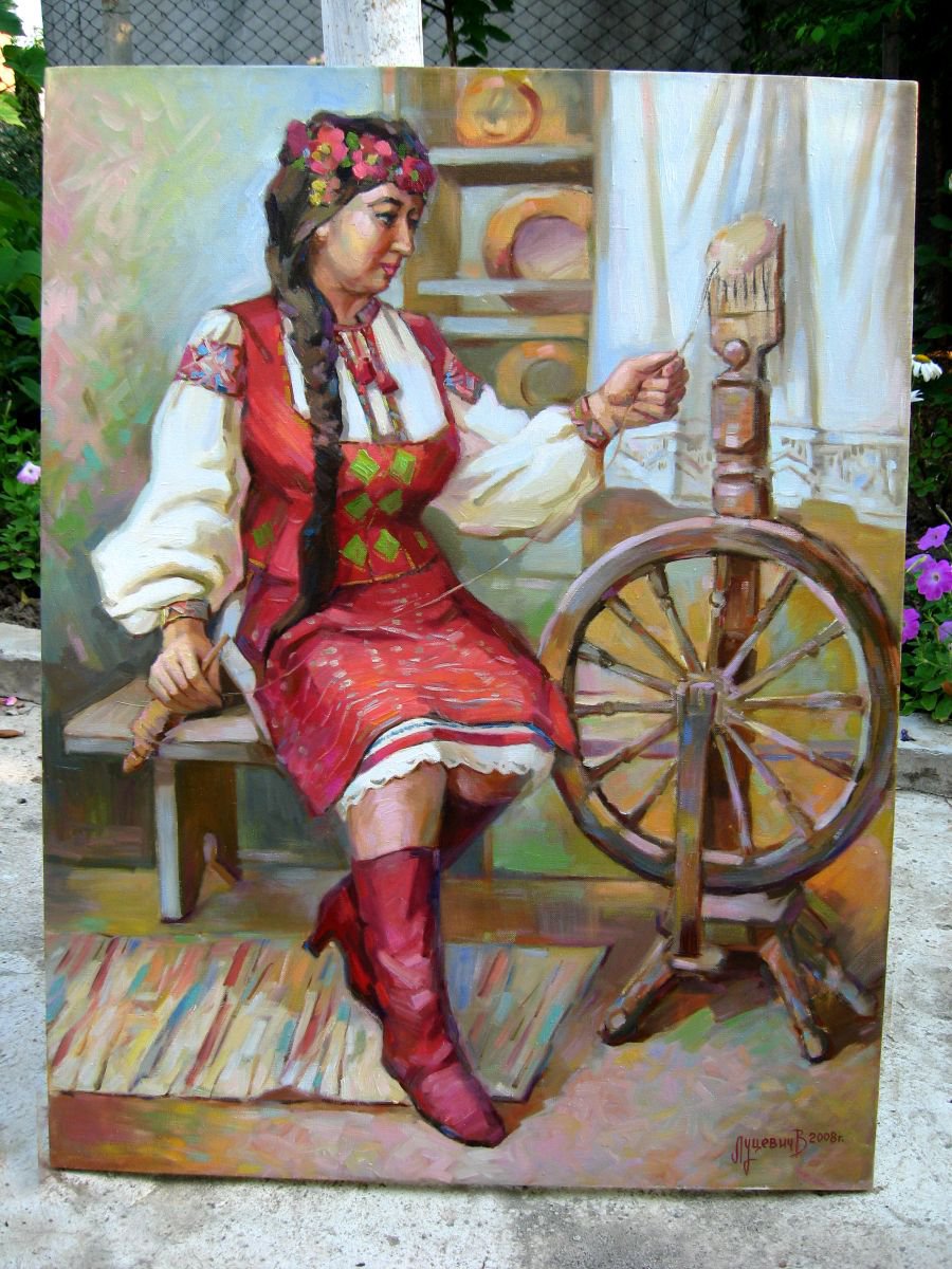 The girl at the spinning wheel. Portrait Ukrainka by Vladimir Lutsevich