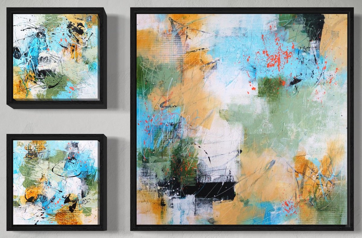 Abstract Acrylic Painting By Vera Hoi, 30 X 21", "Abstract Triptych", Original Artwork