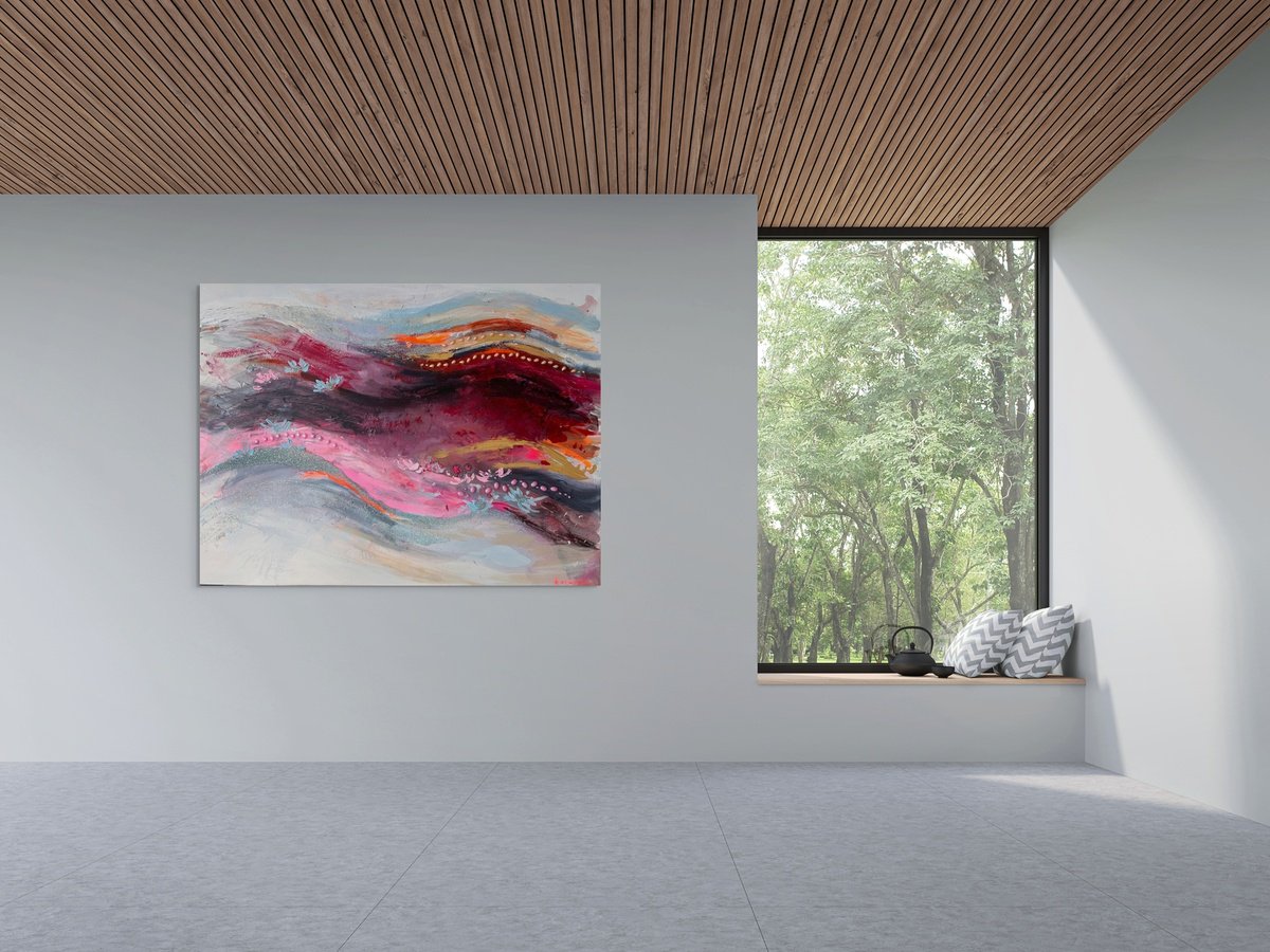 Organic Abstract Acrylic Painting By Nataliia Karavan, 40 X 30", Crimson Horizon, Original Artwork