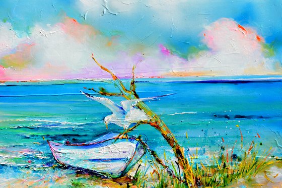 Boat and Seagulls on Seashore