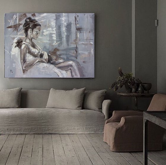 " WAITING FOR YOU ... " - 50x70cm original oil painting on canvas, gift, palette kniffe