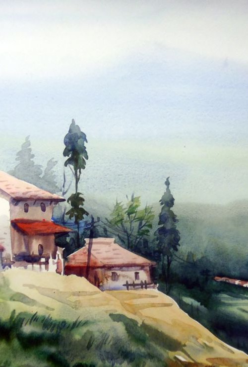 Beauty of Himalayan Rural Landscape - Watercolor on Paper by Samiran Sarkar