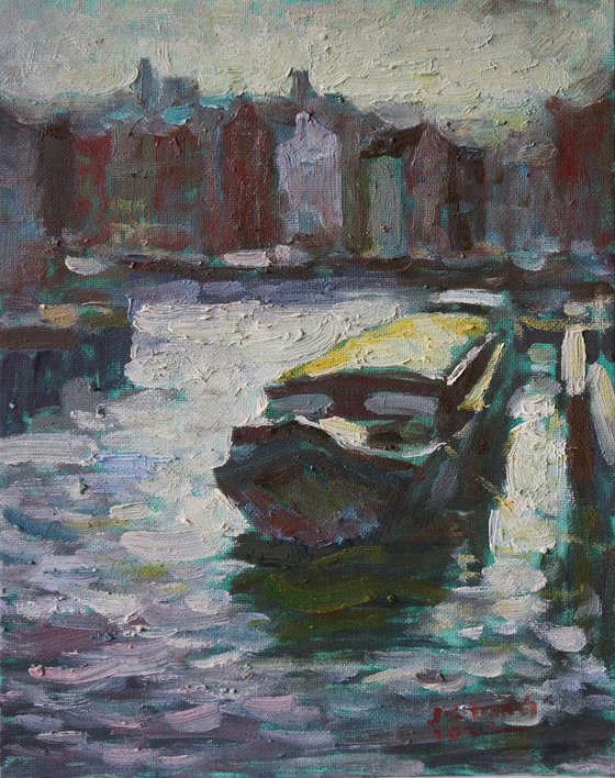 Original Oil Painting Wall Art Signed unframed Hand Made Jixiang Dong Canvas 25cm × 20cm Boats on the River in Amsterdam Netherlands Small Impressionism Impasto