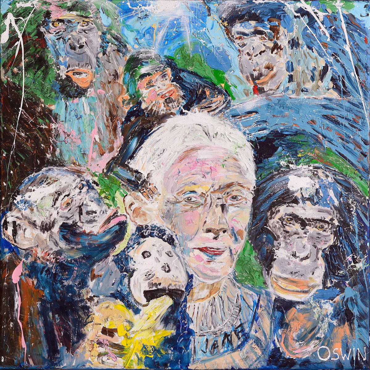 Abstract Portrait Acrylic Painting By Oswin Gesselli, 39 X 39", Portrait Jane Goodall And Her Chimps 100 X 100 Cm.| 39.37" X 39.37" Portrait Jane Goodall By Oswin Gesselli, Artfinder