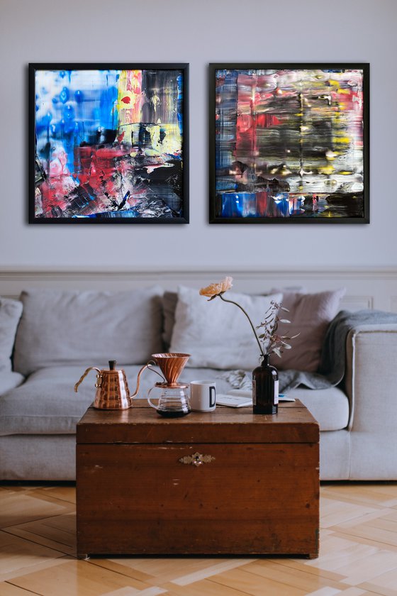 "True Love" - Original PMS Abstract Diptych Acrylic Paintings On Plexiglass, Framed - 52" x 26"